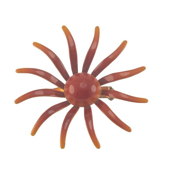 Vintage Orange and Red Enameled Flower Brooch 2 Inch 1960s - Picture 2 of 6